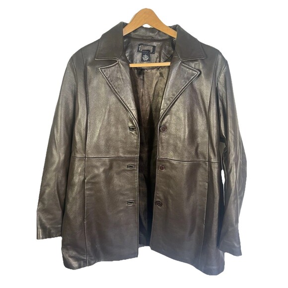 Women’s Large Dark Brown 100% Leather Long Coat 3 Button Car Jacket Lined